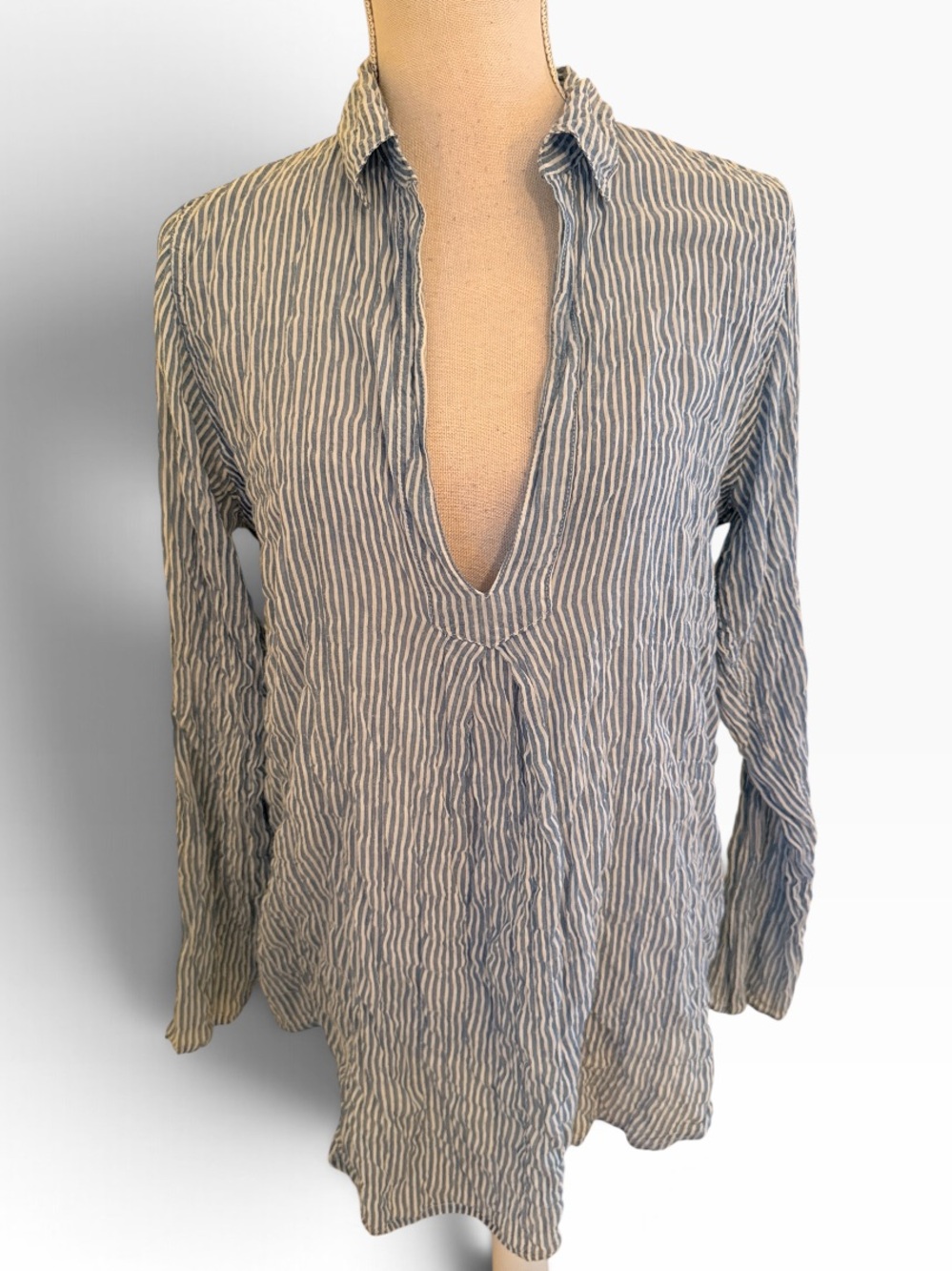 American Colors by Alex Lehr Blue/White Striped Organic Crinkle Cotton Shirt S